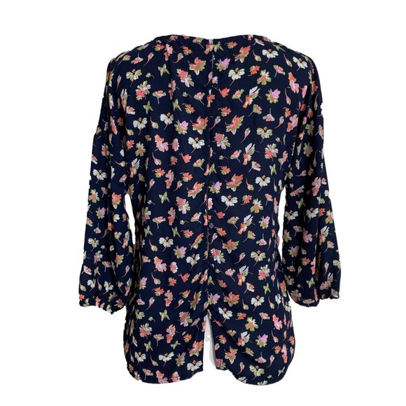 Mi Ami Womens Blouse Shirt Size XS Navy Blue Floral 3/4 Sleeves Button Back Top - Picture 2 of 7